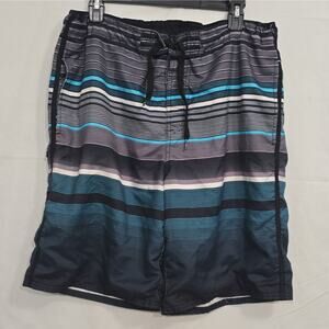 OP Men's Swim Trunks Size M 32-34 Striped Black Gray Blue White Pockets